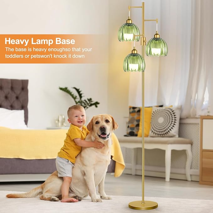 Dimmable Floor Lamps for Living Room-3 Light Gold Floor Lamp with Three Bulbs & Glass Lampshape, Mid Century Modern Standing Lamp Tree Tall Flower Floor Lamp for Bedroom Living Room,Corner