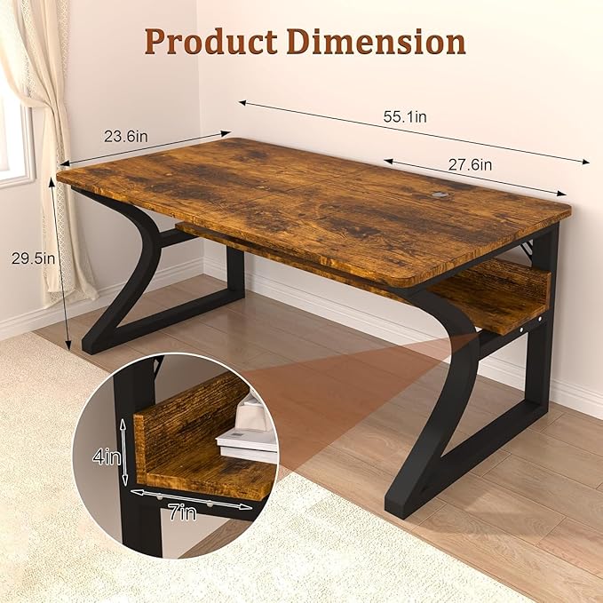 55 inch Computer Desk, Home Office Desk with Storage Shelf, Sturdy U-Shaped Metal Frame Study Table with Cable Management, Gaming Desk for Office & Bedroom