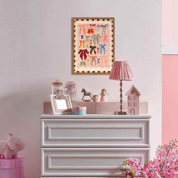 Framed Pink Wall Art, Coquette Colorful Bow Pictures Wall Decor, Trendy Preppy Paintings Canvas Prints Girly Home Decor Aesthetic for Girls Living Room Bedroom Dorm 16x24 inch