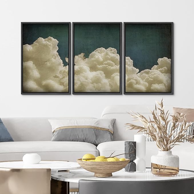 MUDECOR Framed Wall Art Print Set Vintage Cloudscape Dreamy Cotton Clouds Illustrations Modern Art Decorative Colorful Chic for Living Room, Bedroom, Office - 24"x36"x3 Black