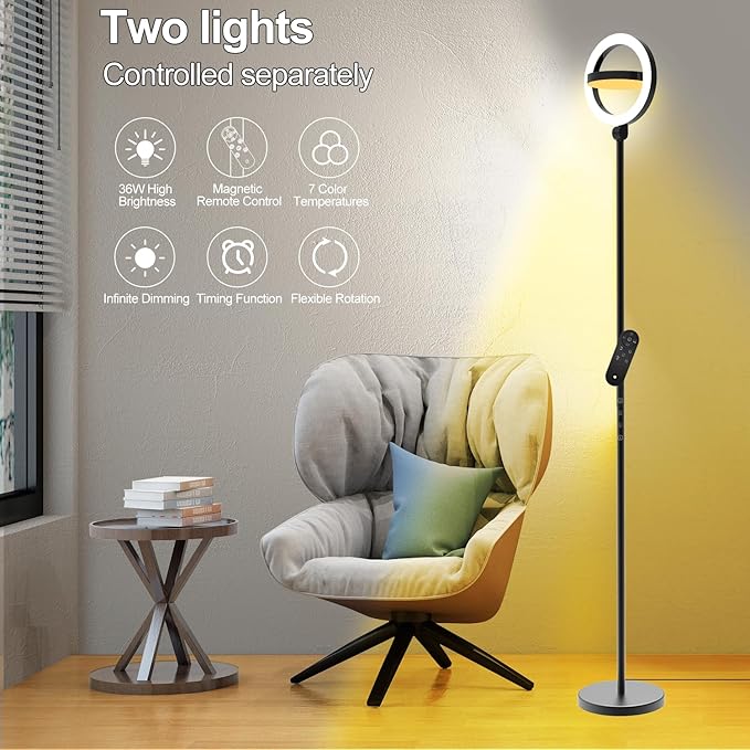 36W 2500lm Super Bright LED Floor Lamp for Living Room, 75.5 Inch Tall Stepless Dimmable Standing Lamp with Remote for Bedroom, Led Torchiere Lamp for Office