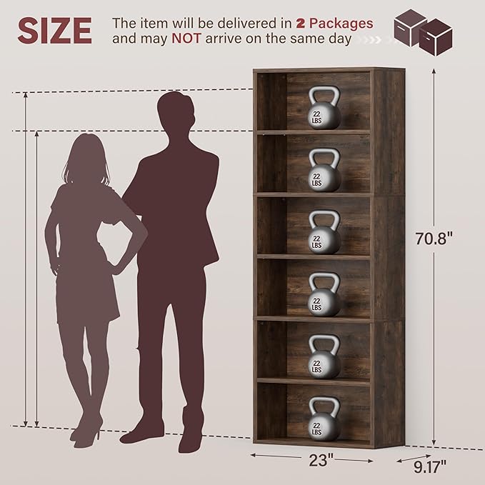YESHOMY Industrial 6 Tier Bookcase, 71" Tall Brown Bookshelves Open Frame, Basic Floor Standing Bookcases & Bookshelf for Home Office, Living Room, Bed Room