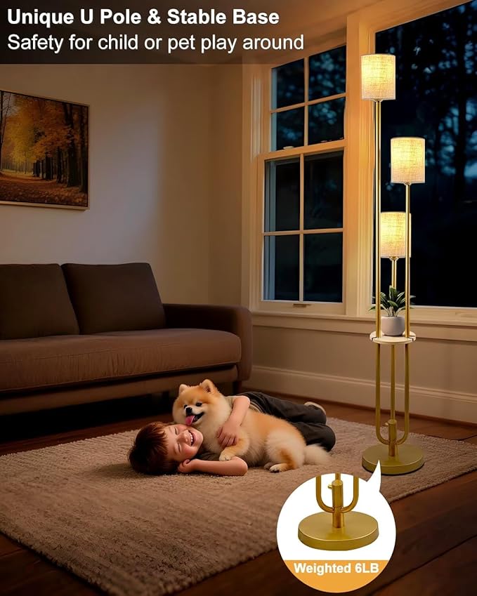 Gold Floor Lamp Dimmable 64IN Tall Standing Lamps with Soft Warm White Eye Care 3000K G9 Bulbs, Mid Century Modern Floor Lamp for Livng Room Bedroom