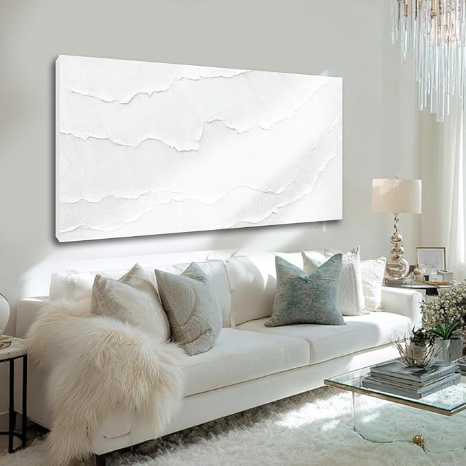 WINKAILIN White Abstract Textured Wall Art Modern 24x48 inch Canvas Ocean Wave Artwork Minimalist Hand-drawn Painting Contemporary White Posters Print for Living Room Bedroom Office Décor