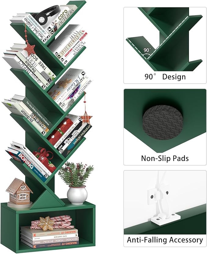 9 Tier Tree Bookshelf,Christmas Green Bookcase for Narrow Space, Storage Organizer Floor Standing Bookshelves for Books, Tall Book Case for Home Office, Living Room, Bedroom