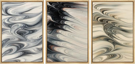 SIGNFORD Framed Wall Art Print Set Neutral Marble Swirl Abstract Elegant Fluid Pattern Digital Art Modern Art Contemporary for Living Room, Bedroom, Office - 24"x36"x3 NATURAL