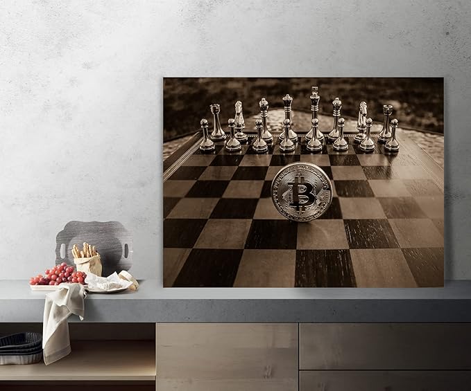 Golden Chess and Bitcoin Canvas Wall Art Motivational Life Quote Game Bitcoin Wall Art Poster Canvas Posters and Prints Pictures Chess Office Wall Decor, Framed 24x18 inch