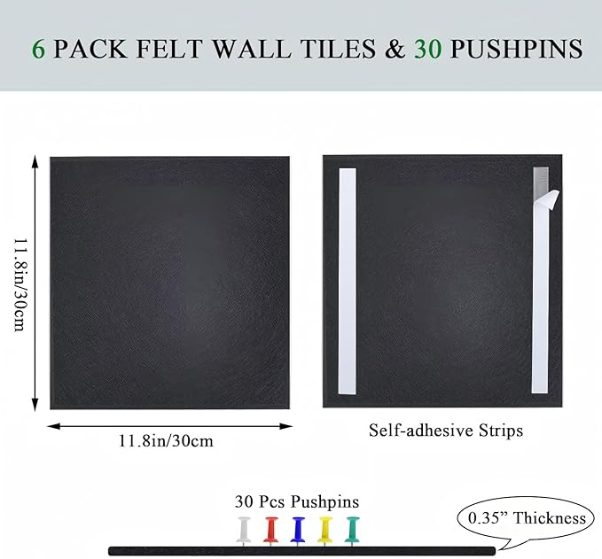 Cork Board for Walls 36" x 24", Black Bulletin Boards, 6 Pack Felt Cork Tiles with Removable Adhesive & 30 Pushpins, Cork Boards for Office, Home, Classroom, Kids Room