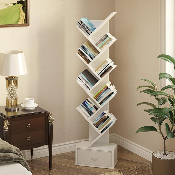 Rolanstar Tree Bookshelf with Drawer, 9 Shelf Bookshelf, Wooden Bookcase Storage Rack for CDs/Movies/Books, Corner Bookshelves, Utility Organizer Shelves for Living Room, Bedroom, White