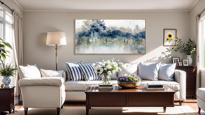 Wall Art Landscape Modern Wall Decor Canvas Painting Blue Ink Wall Art Large Artwork for Living Room Bedroom Office Home Decor 20"x40" with Framed
