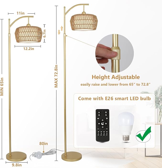 Gold Floor Lamps for Living Room, Boho Rattan Floor Lamp with Remote and Dimmable Bulb, 3 Color Temperatures, Modern Arc Standing Lamp with Wicker Shades, Farmhouse Tall Lamp for Bedroom