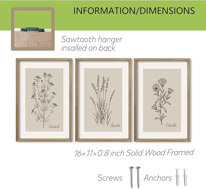 TQianJiang Vintage Botanical Wall Art 16"x11" Set Of 3 Wood Framed Wildflower Pictures Wall Decor for Bedroom Minimalist Wall Hanging (Wood)