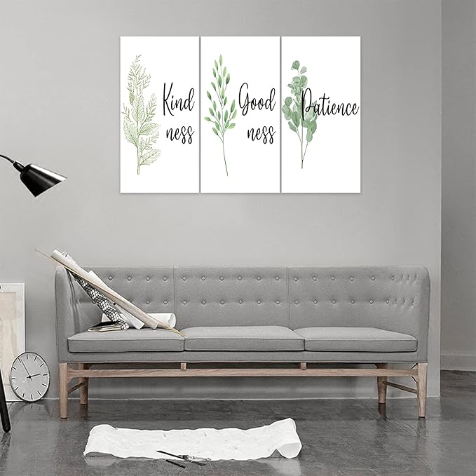 3 Piece Inspirational Wall Art, White Plant Background Picture, Quote "Kind Good Patience" Canvas Print for Office Decor, Triptych Entrepreneur Painting Framed Artwork for Home Wall Decor (36"Wx18" H)