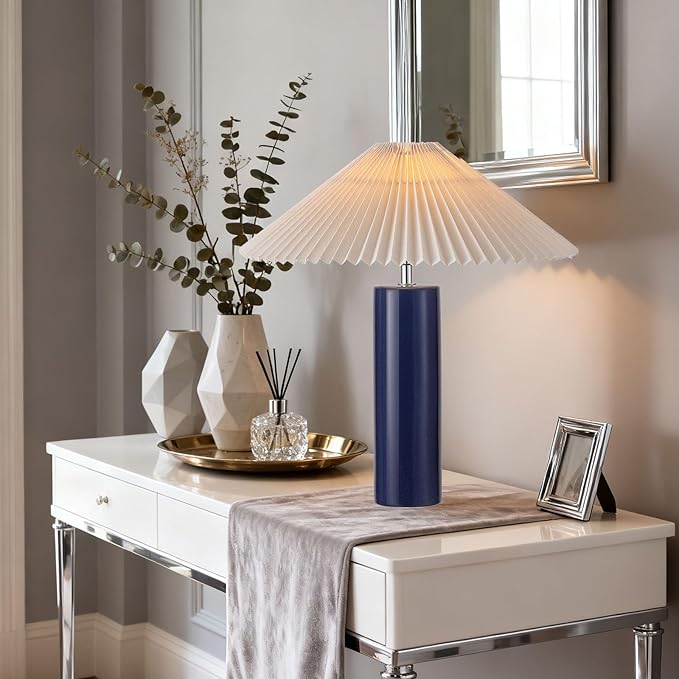 Ceramic Table Lamps for Bedroom, Adjustable Shade Lamps for Night Stands, Modern Cylindrical Nightstand Table Lamps 5W E26 for Bedroom Bedside Buffet, Blue