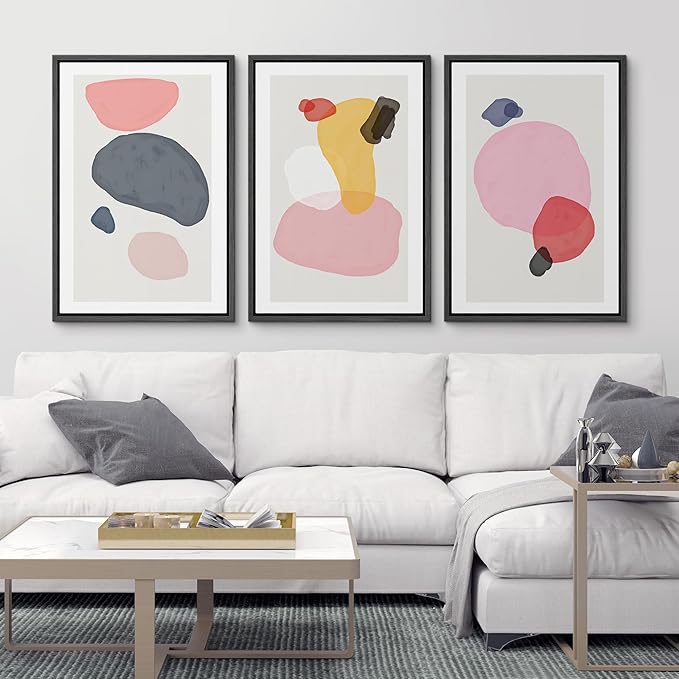 SIGNFORD Framed Wall Art Print Set Pink, Gray, Red & Yellow Transparent Blots Abstract Shapes Digital Art Modern Art Contemporary Colorful for Living Room, Bedroom, Office - 24"x36"x3 Black