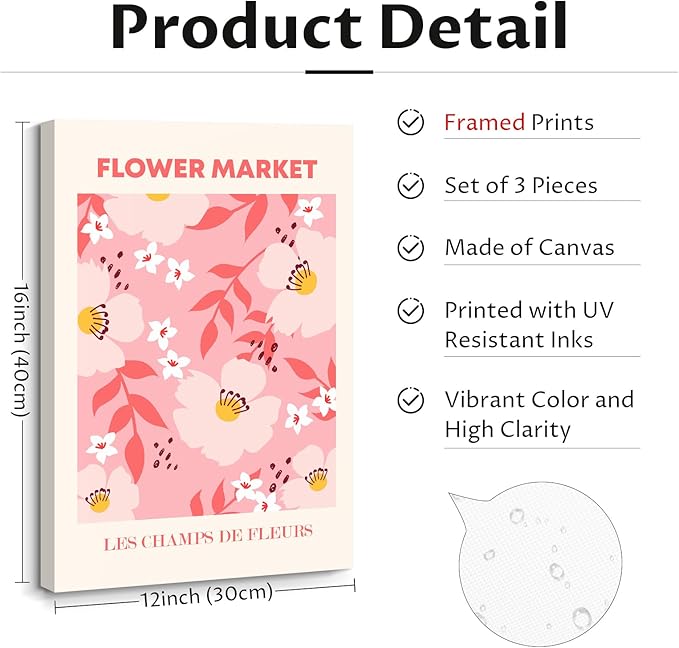 Matisse Abstract Wall Art Decor Pink Flower Canvas Pictures Picasso Aesthetic Wall Art Henri Matisse Prints Poster Abstract Flower Painting Market Artwork for Bedroom 12x16 Inch Framed Set of 3