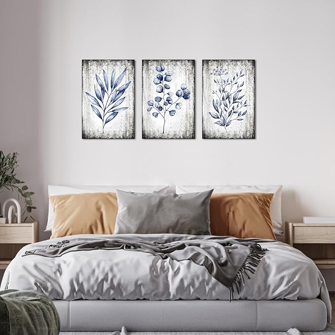 Conipit Navy Blue Botanical Painting Rustic Botanical Wall Art Canvas Minimalist Blue White Leaf Plant Artwork Prints Framed For Living Room Bedroom Wall Decor 16''X24''X3pcs