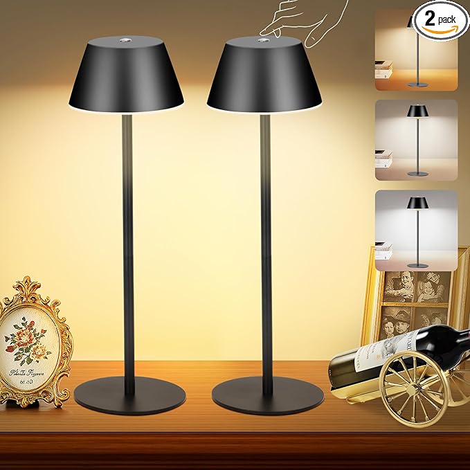 Cordless Table Lamps, LED Rechargeable Battery Operated Lamp with 2 Adjustable Height 3 Colors Stepless Dimming, Touch Control Wireless Desk Lamp for Restaurant,Bars,Coffee Shop (Black Set of 2)