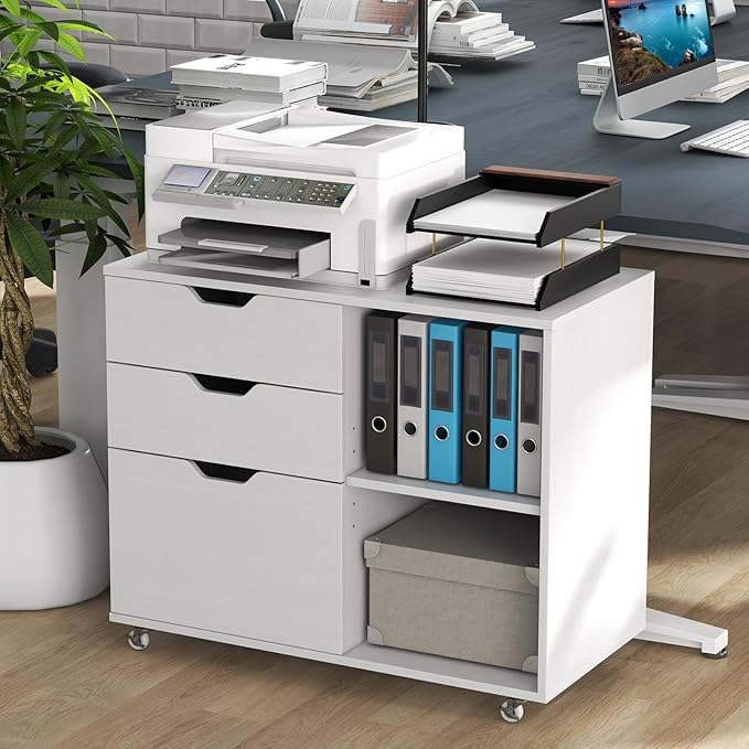 Giantex 3 Drawer File Cabinet, Office Storage Cabinet Fits Files Letter, A4, Legal Size, Rolling Printer Stand with Adjustable Shelf, Office Organization and Storage, Lateral Filing Cabinet (White)