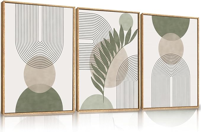 Framed Sage Green Boho Wall Art for Bedroom, Beige and Green 3 Piece Minimalist Artwork for Walls, Geometric Leaf Line Boho Small Paintings Prints for Hallway Kitchen Living Room Wall Decor, 12x16 In