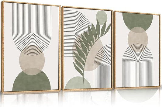 Framed Sage Green Boho Wall Art for Bedroom, Beige and Green 3 Piece Minimalist Artwork for Walls, Geometric Leaf Line Boho Small Paintings Prints for Hallway Kitchen Living Room Wall Decor, 12x16 In