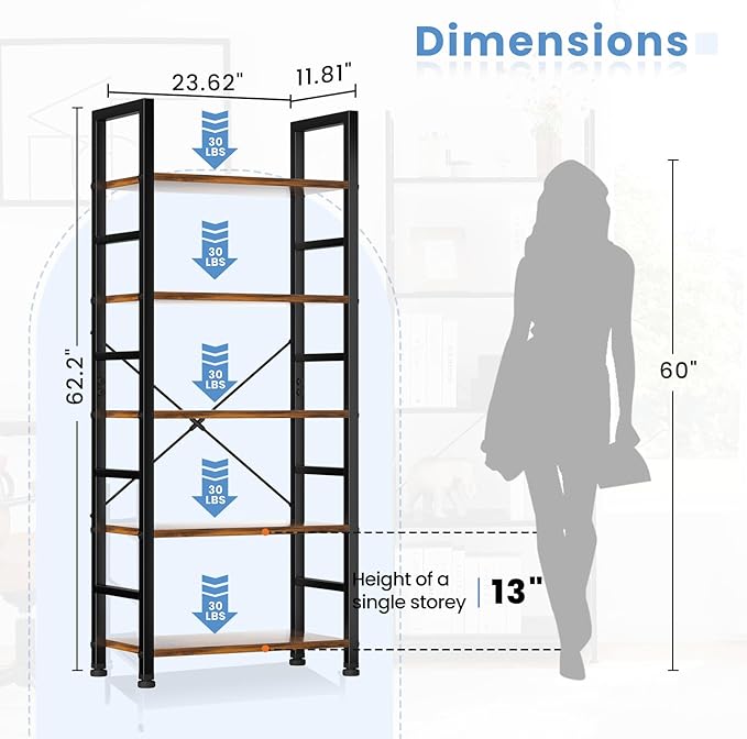 DUMOS 5 Tiers Bookshelf, Classical Modern Book Shelf, Tall Display Shelves in Living Room/Home/Office, Storage Organizer for CDs/Books/Movies, Rustic Brown