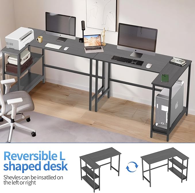 43Inch Corner Computer Desk, Gaming Desk with Reversible Storage Shelves Left/Right,Small L Shaped Desk with 2-Tier Shelves & Adjustable Feet Pad for Home Office Gaming (43 Inch)