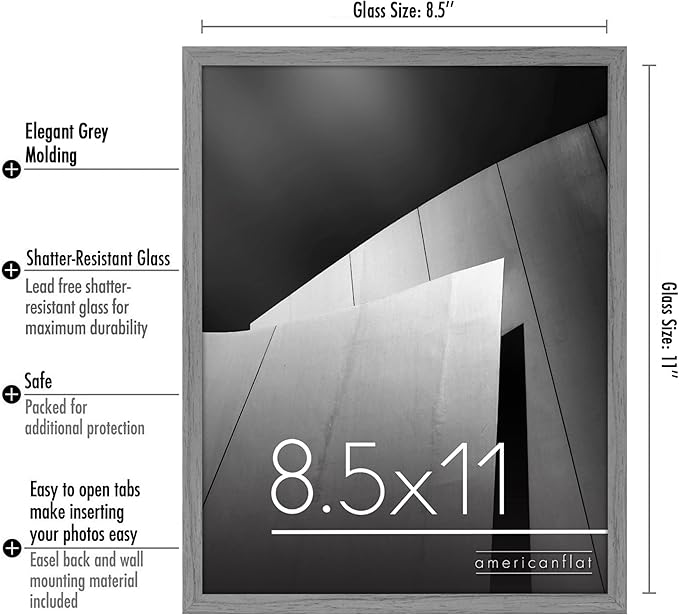 Americanflat 8.5x11 Picture Frame with Shatter-Resistant Glass - Streamline Collection - Thin Border Photo Frame for Tabletop and Wall Display - Hanging Hardware and Easel Stand Included - Grey