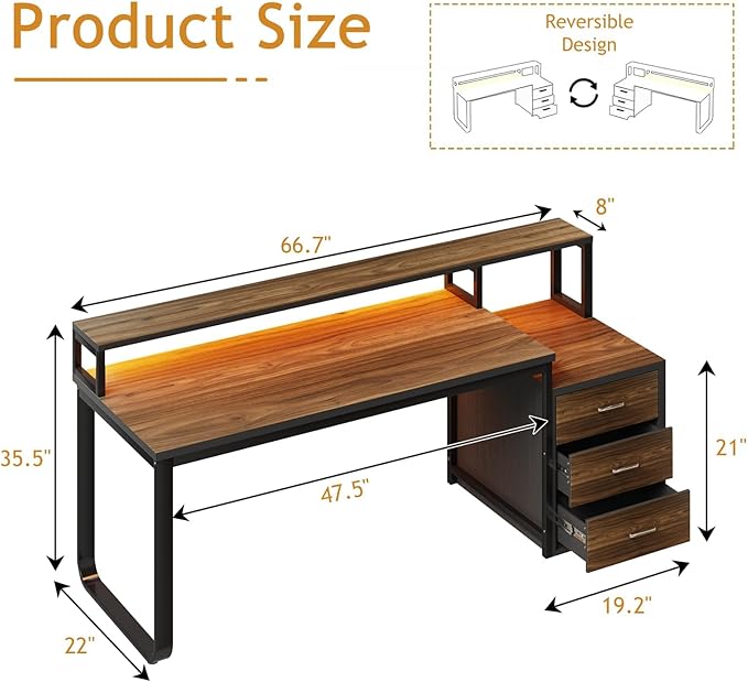 HOMBCK 67" Computer Desk with 3 Drawers, Home Office Desk with Long Monitor Stand and Printer Space, Office Desk with Storage & LED Lights, Writing Desk with Drawers, Black and Walnut