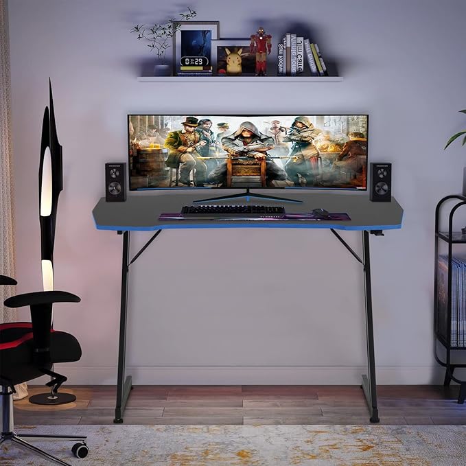 BestOffice Gmaing Desk Z Shaped 47 inch Gaming Workstation Ergonomic Gaming Table PC Computer Desk with Headphone Hook for Game Players, Blue