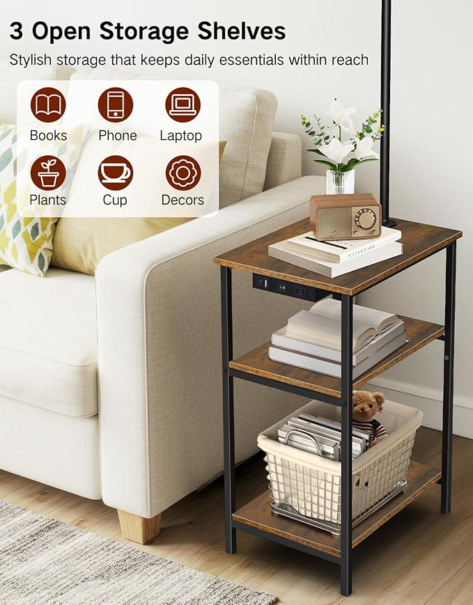 Floor Lamp with Table & Remote, Side End Table with Charging Station, Dimmable Nightstand with 3 Color Temperatures, 1-Hour Timer, 12W LED Bulb, for Living Room, Bedroom