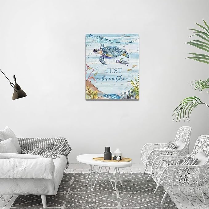 Ocean Sea Turtle Wall Art Nautical Just Breathe Pictures Wall Decor Beach Seaweed Canvas Coastal Painting Modern Artwork Home Decoration for Bathroom Living Room Bedroom Office Framed 16"x20"