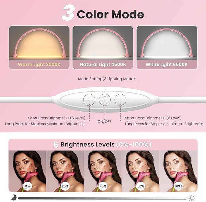 Yokilly Arc Half Moon Light: 20" Half Moon Light with Foldable Bracket for Desk Salon Table Use - No Flicker & Shadow-Free Desk Lamp with Stepless Brightness 3000-6500K for Manicurist Nail Tech