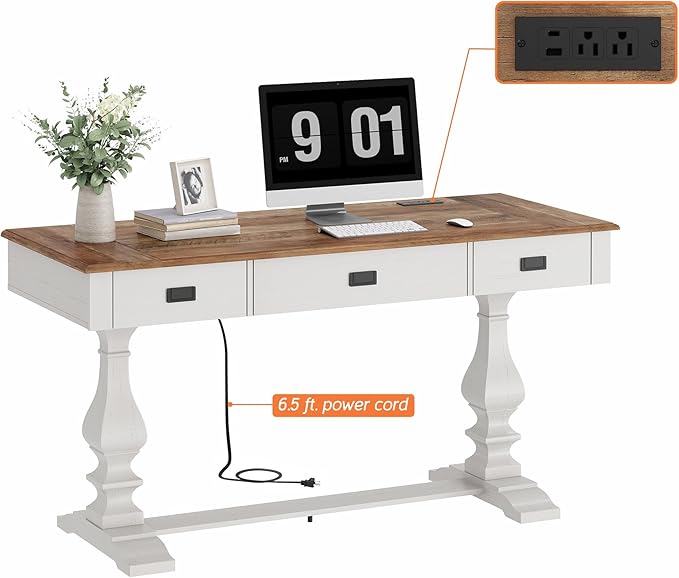 WAMPAT 60-inch Vintage Executive Desk with Charging Station, Featuring T-Style Solid Wood Legs with Anti-Slip Tips,3 Deep Drawers and Ergonomic Scalloped Edges,for Home Office,Study,Antique White