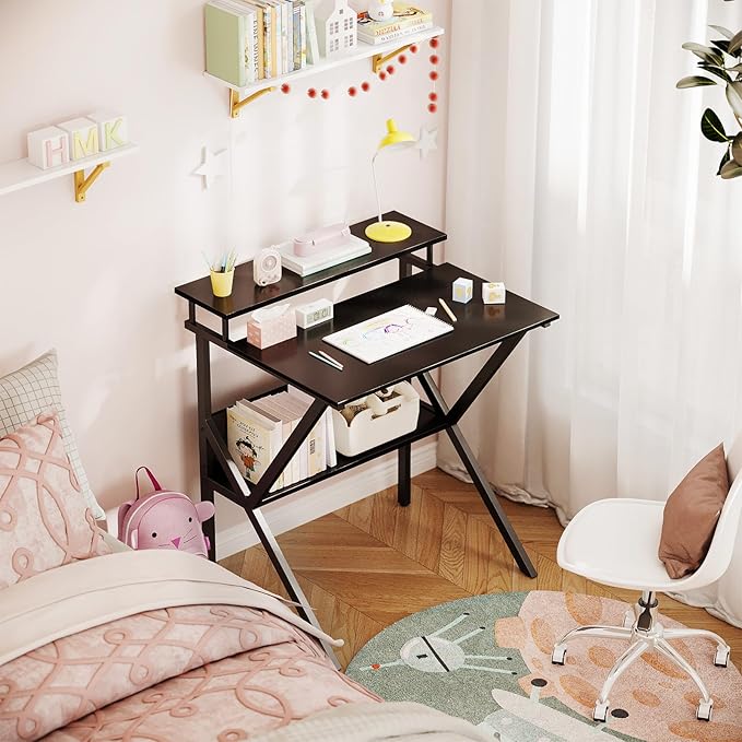 ODK Small Desk, 27.5 Inch Computer Desk for Small Spaces, Kids Desk with Storage, Study Table with Monitor Stand for Homeschool, Black