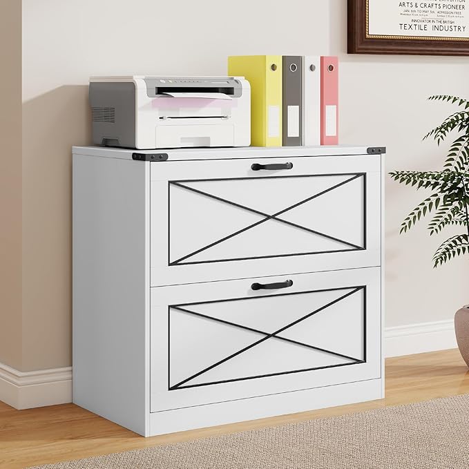 Vabches Lateral File Cabinet with 2 Drawers, Farmhouse Filing Cabinet Office File Cabinet with File Drawers, Wood Rustic Storage Cabinet File Organizer for Home Office, Living Room, White