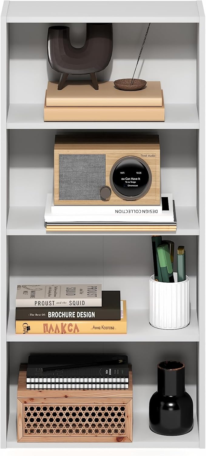 Furinno Basic Book Shelf, 4-Tier Bookcase with Open Shelf, Bookshelf, Cube Storage Organizer, 7 x 17 x 35, for Living Room, Bedroom, Home Office, White