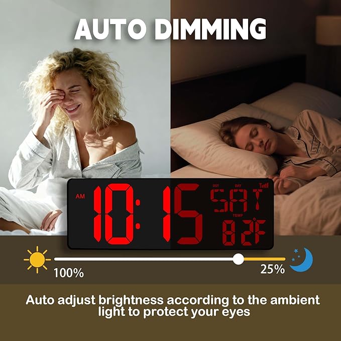 Digital Wall Clock Large Display: 16.5" LED Digital Clock Bluetooth Sync with Remote Control Temperature Date Week Auto DST, Big Wall Clock for Bedreeom Kitchen Living Room Office Gym, Red