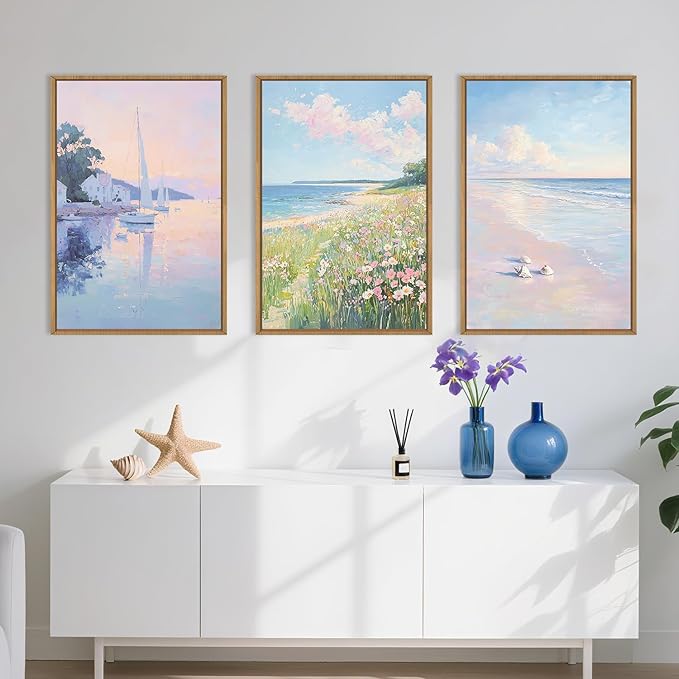 Aryroi Spring Pink Blue Coastal Wildflower Framed Canvas Wall Art Set,Watercolor Preppy Pastel Floral Sailboat Seascape Decor,Dreamy Colorful Soft Sunrise Beach Artwork for Living Room,Farmhouse- 24"x36"x3