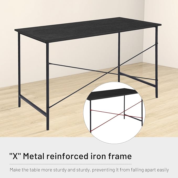 FurnitureR Home Office Desk 47.2-Inch, Simple Computer Desk with Sturdy Metal Legs, Multi-Purpose Writing Table for Students, Work, or Study, Black