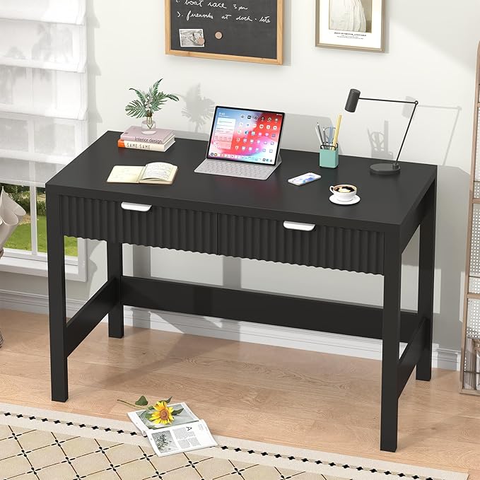 Fluted Computer Desk with 2 Drawers, 39 Inch Small Computer Desk with Storage, Compact Writing Study Desk for Small Spaces, Black