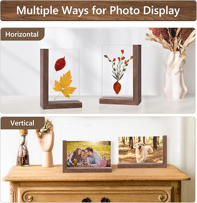 Mixoo 4x6 Picture Frames 2 Pack - Rustic Vintage Wooden Picture Frames 4x6 L-shape Wood Double Side Acrylic Photo Frame Vertical & Horizontal Display for Table Top or Desktop