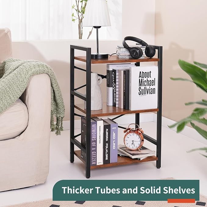 Yoobure Bookshelf Small Book Shelf, Solid Industrial 3 Tier Shelf Bookcase, Short Book Case for Bedroom, Living Room, Office Home, Small Spaces, Easy Assembly Berry Brown