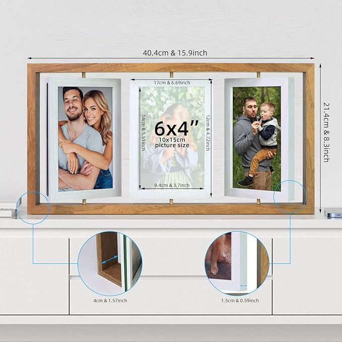 ZEEYUAN 4x6 Rotating Picture Frame Desktop Rustic 4x6in Wooden Photo Frames, Double Side-Display 6 Photos, Floating 4x6 Collage Family PictureFrame for Tabletop Display