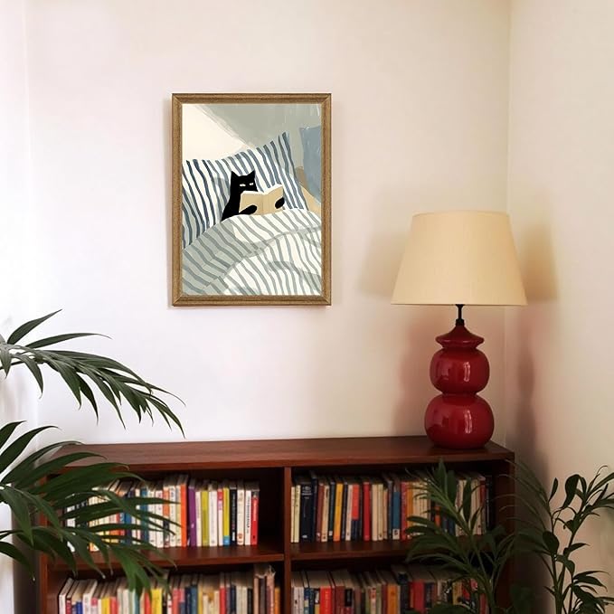 Fantasy Artists Black Cat Reading in Bed Wall Art, Quiet Character Illustration with Soft Neutral Tones, Calm Lifestyle Canvas Print for Bedroom, Reading Nook or Home Office, 12W x 16H