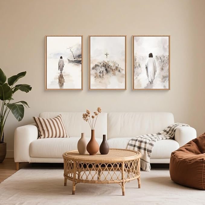 Jesus Christ Easter Framed Canvas Wall Art Set,Religious Christian Bible Verses Crucified Resurrection Wall Decor,Netural Beige Watercolor Artwork for Living Room,Church,Prayer Room -16"x24"x3