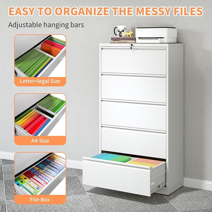 5 Drawer Lateral File Cabinet with Lock for Home Office Metal Filing Cabinet with Adjustable Hanging Rails Horizontal Filing Organization Storage Cabinet for Letter/Legal/A4/F4 Size White