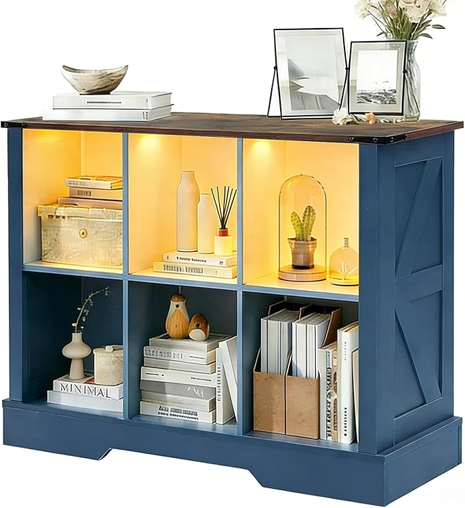 6 Cube Storage Organizer, 2 Tier Book Shelf with Led Lights, Farmhouse Book Shelves for Living Room, Horizontal Toy Storage Bookshelf, Wood Display Bookcase Cabinet for Bedroom, Office, Blue