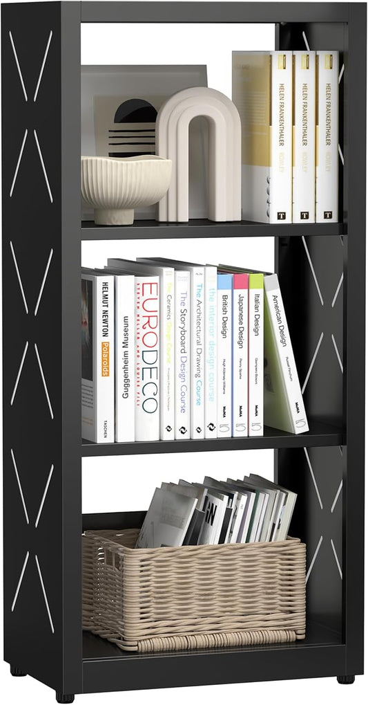 3 Tier Bookshelf, 34"Tall Metal Bookcase with Adjustable Shelves, Modern Display Book Shelf, Black Bookcase Shelf, Utility Shelf, Storage Shelves for Office, Living Room, Kitchen, Study-16"W