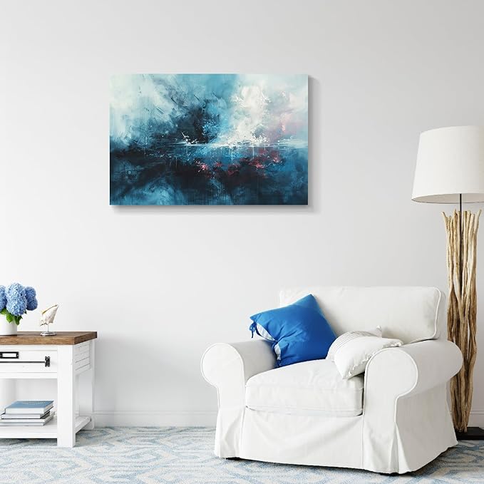 gaosoul Modern Abstract Canvas Wall Art Blue Graffiti Painting on White Background Stylish Framed Minimalism Artwork Prints for Living Room Bedroom Office Decor 36x24in